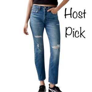 Levi’s Wedgie Straight Distressed Jeans with Raw Hem in Blue Wash Women’s 28